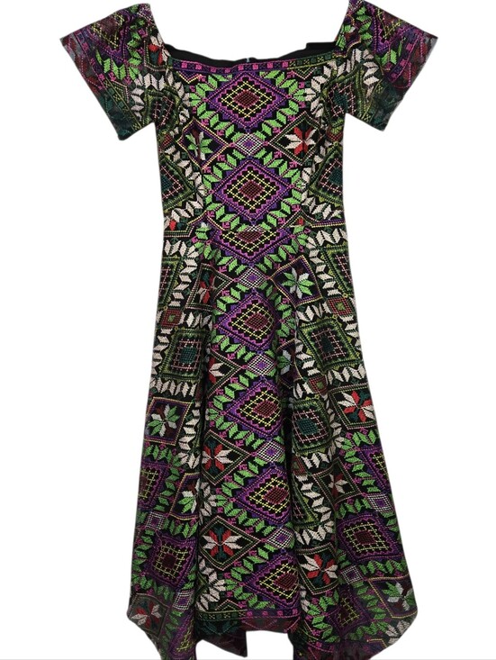 Alex Marie Dresses & Skirts - Alex Marie Sz 2 Elegant Black Dress Multicolor Geometric Design Hankerchief Hem